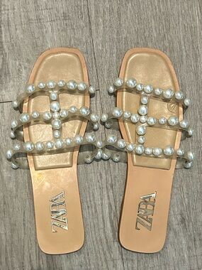 ZARA Nude Pearl-Embellished Slide Mules